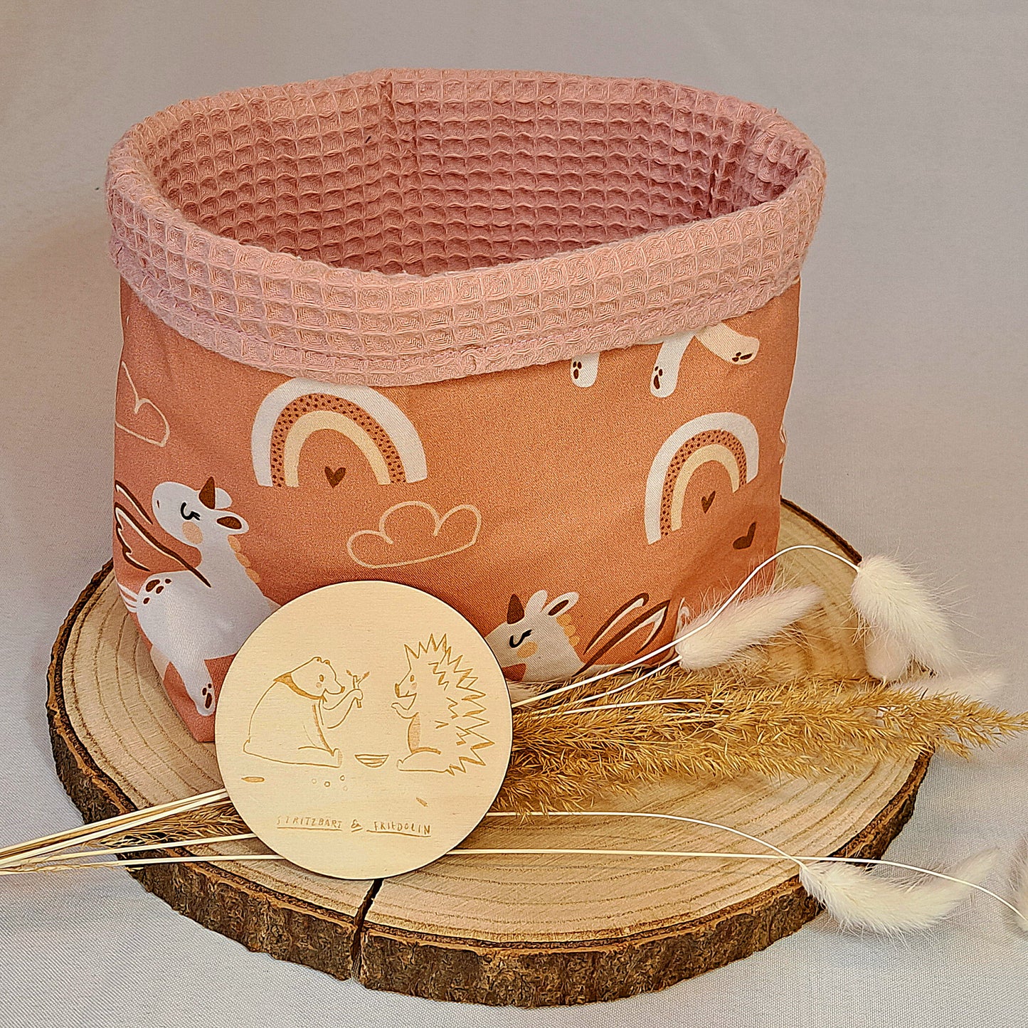 Aufbewahrungskörbchen, Behälter, Körberl, praktisch, Windelaufbewahrung, Spielzeugaufbewahrung, Taschenorganizer, Lachsfarben, Babyhorn, Einhorn, Regenbogen, Wolke, Herz