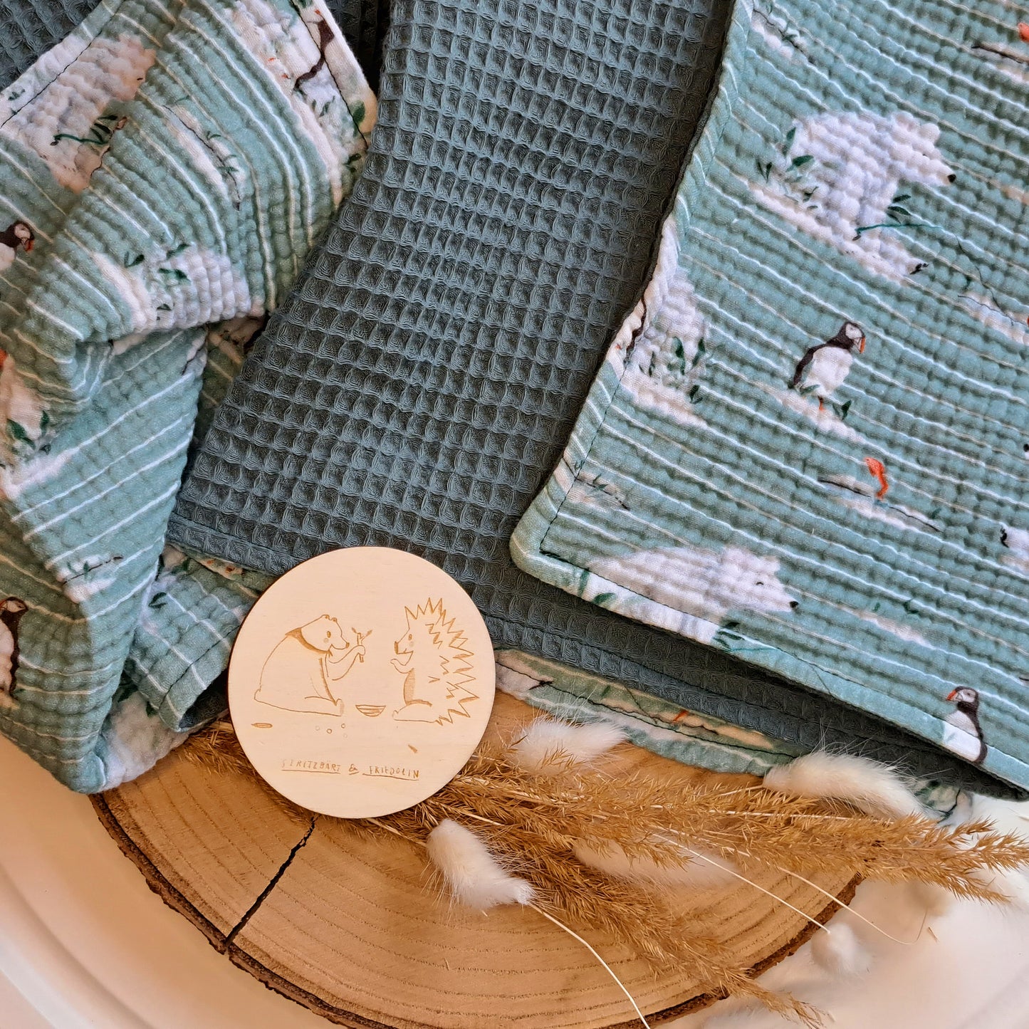 Sommerdecke, Herbstdecke, Babydecke, Waffelpique, Musselin, Luftig, Leicht, 60x80, 70x100, Grün, Eisbär, Pinguin, Eisscholle, Zweige, Meer