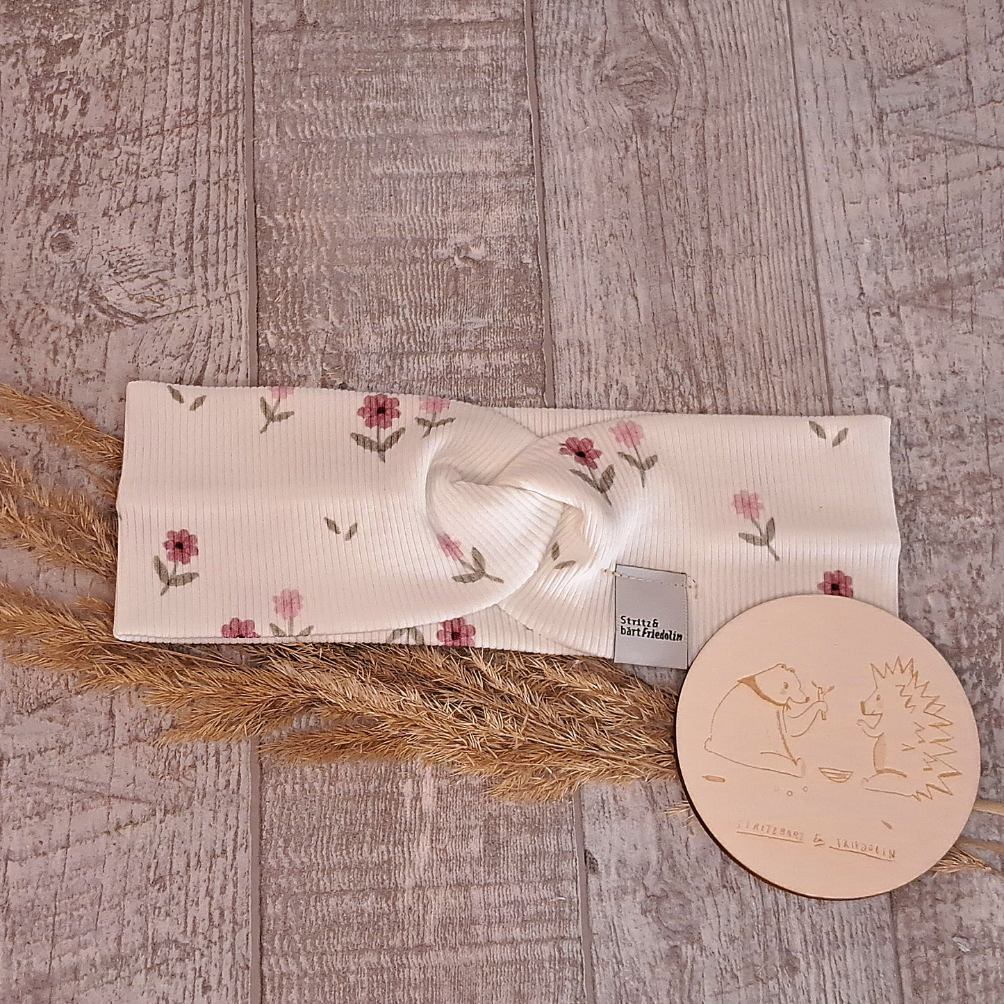 Knotenstirnband, Kind, Kinderstirnband, gerippter Stoff, rosa, grün, zarte Blumen