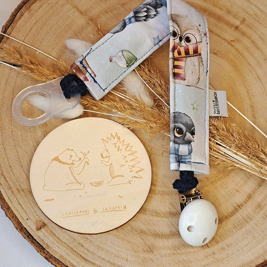 Schnullerband, Schnullerhilfe, Band, Praktisch, waschbar, Eule, Rabe, Dachs, Zaubertrank, Sterne, Magie