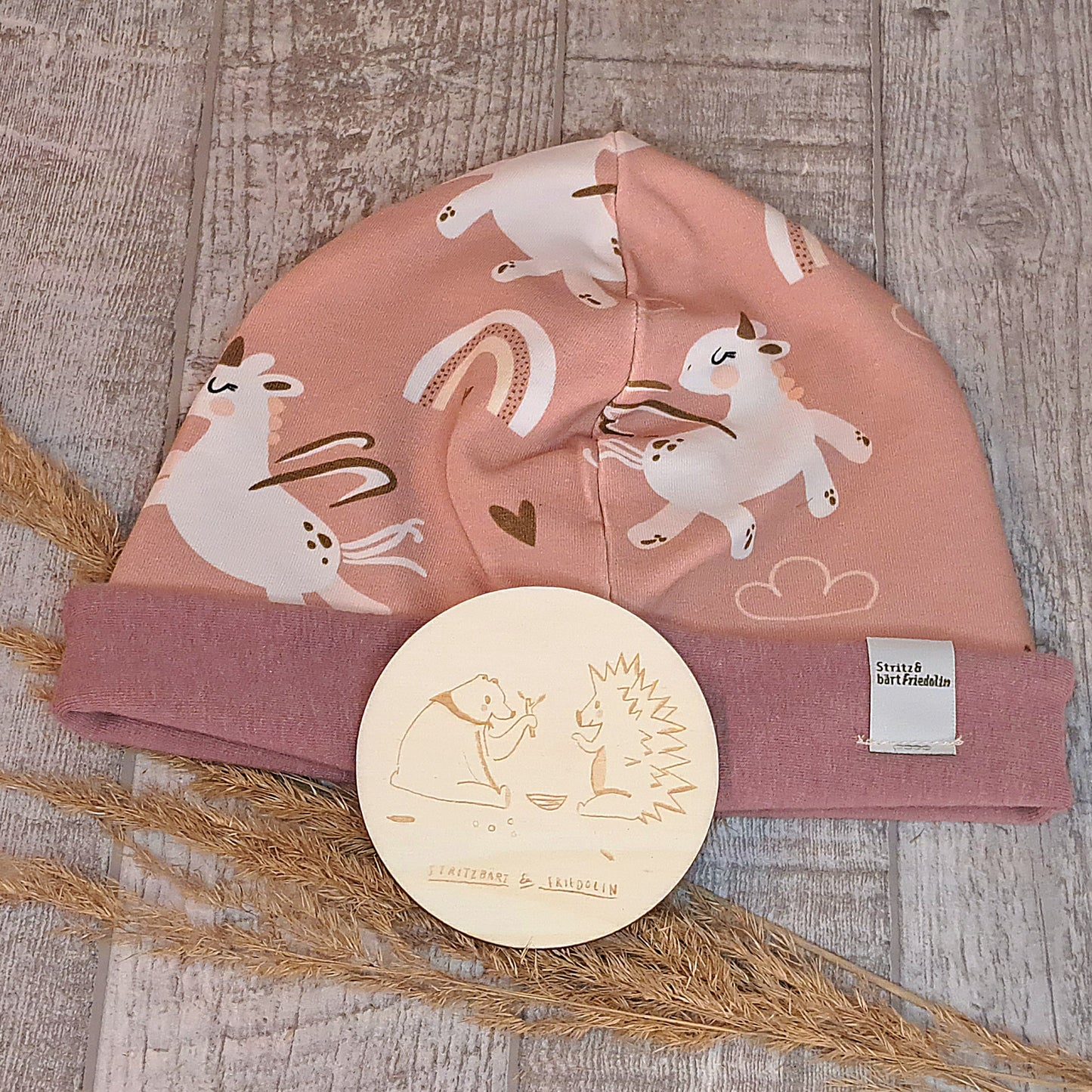 Beanie, Mütze, Kleinkind, Baby, mitwachsend, Frühjahr, Herbst, Wendeoptik, Babyhorn, rosa, meliert, Regenborgen, herz, wolken, einhorn