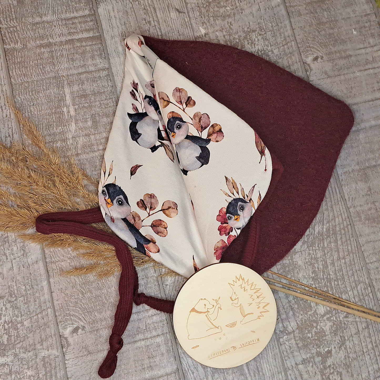 Zwergenmütze, Herbstmütze, Wintermütze, niedlicher Schnitt, Ohrenschützend, Wind- und Wetter, Wollwalk, Jersey, Beere, Pinguine, Mädchen