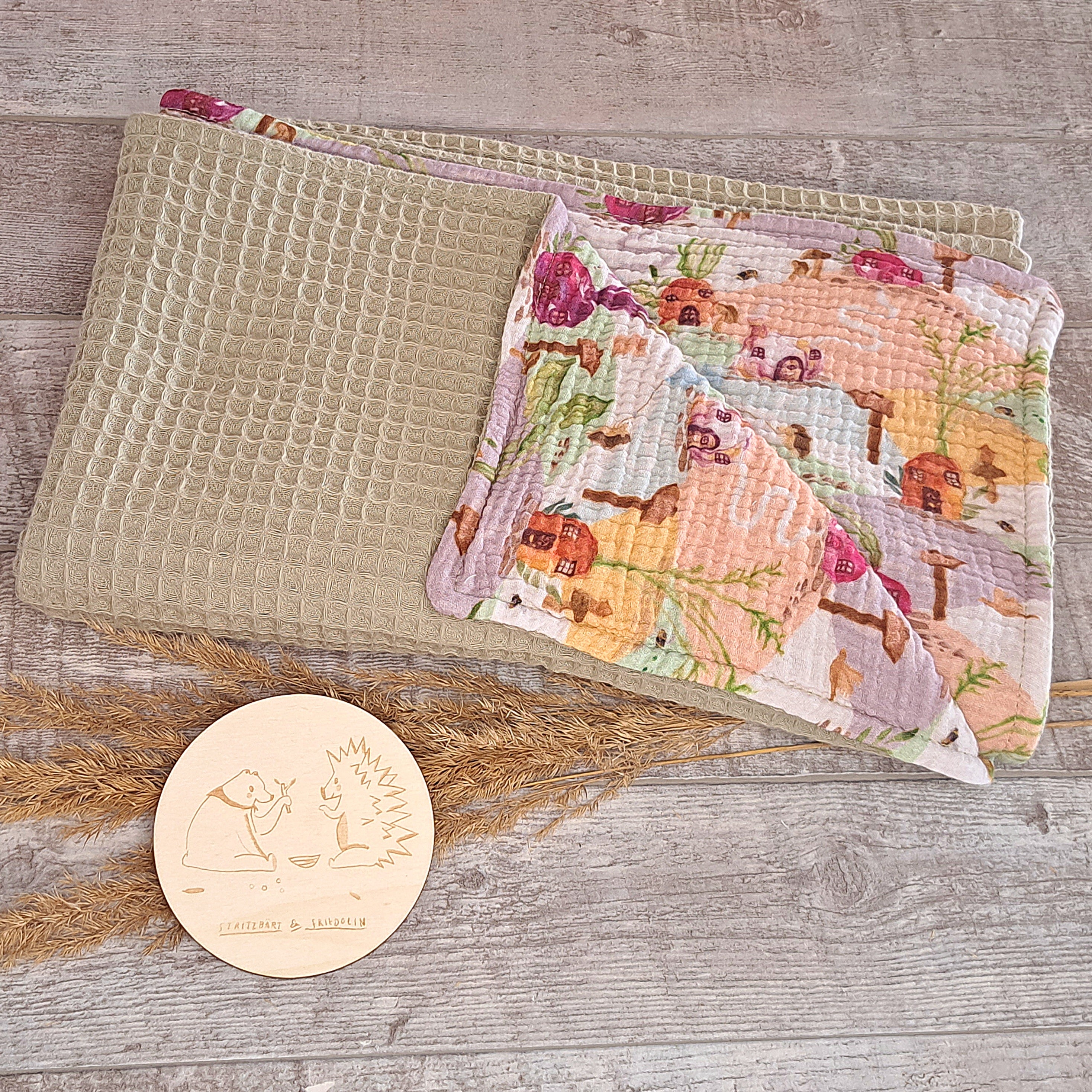 Sommerdecke, Babydecke, Waffelpique, Musselin, Luftig, Leicht, 60x80, 70x100, Grün, Gemüsegarten, gemüsehäuser, wegweiser, bunt