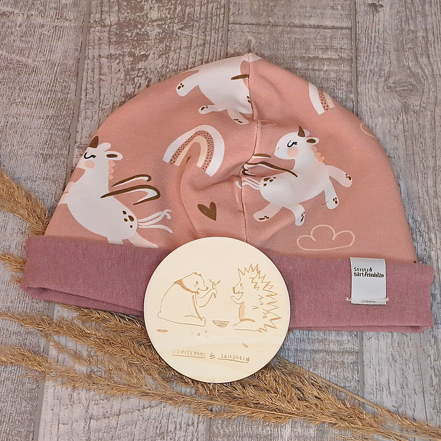 Beanie, Mütze, Kleinkind, Baby, mitwachsend, Frühjahr, Herbst, Wendeoptik,  Babyhorn, rosa, meliert, Regenborgen, herz, wolken, einhorn